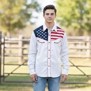 Youth L Rock Mount Ranch Wear Western Shirt Patriotic USA Flag SASS Rodeo READ
